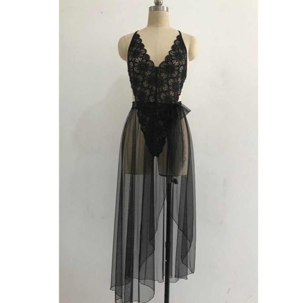 Lace Bodysuit & Mesh Maxi Skirt Cover Up Deep V - Picture 6 of 8